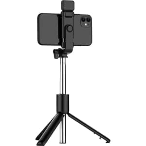 A black LED selfie stand with a smartphone attached, featuring an adjustable tripod base.