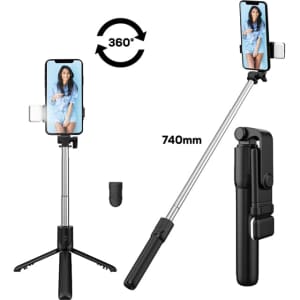 A black LED selfie stand featuring a phone holder and adjustable tripod legs, with a maximum height of 740mm.