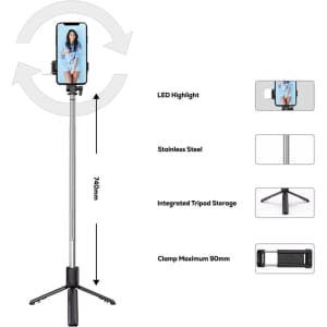 A stainless steel selfie stand with LED highlight and adjustable clamp for smartphones. Features integrated tripod storage.