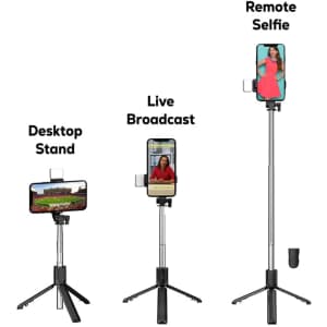 A multi-functional LED selfie stand with adjustable heights, featuring a smartphone holder and tripod legs.