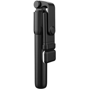 A black selfie stick with a collapsible design and a button for taking photos. It features a logo.