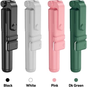 A collection of four LED selfie stands in black, white, pink, and dark green, each with a compact design and logo.