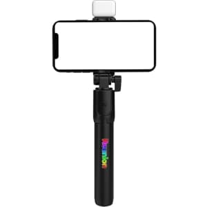A black LED selfie stand with a smartphone holder and a light at the top, featuring a logo.