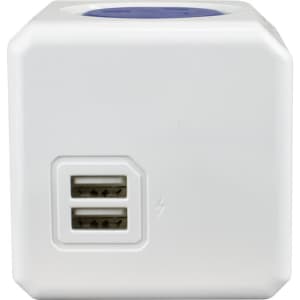 A white Power Cube Extended Duo USB charger with two USB ports for powering devices.