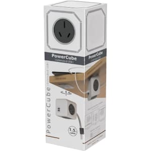 A Power Cube Extended Duo USB in white with an Australian power socket, housed in a tall box with branding.