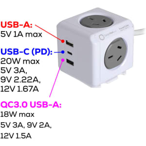 A white Power Cube Extended Trio USB with two sockets and multiple USB ports for charging. It has a logo.
