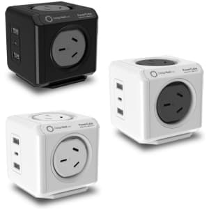 A trio of Power Cube Extended USB units in black and white, featuring multiple USB ports and standard power sockets.