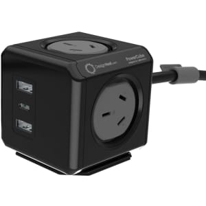 A black cube-shaped power adapter with two USB ports and two Australian sockets. It features a cable for connectivity.