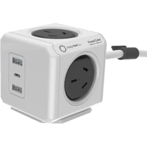 A white Power Cube Extended Trio USB hub with two power sockets and two USB ports.