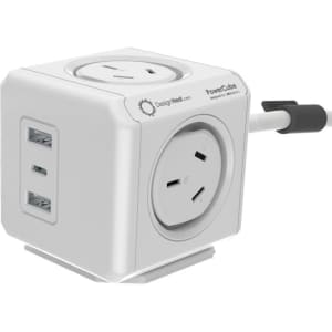 A white power cube with two Australian power sockets and USB ports. It has a logo and a cable attached.