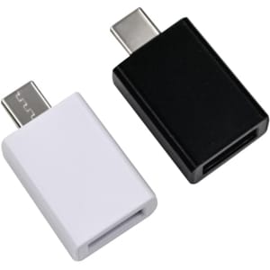 A pair of Type-C to Type-A adapters in white and black, featuring a simple rectangular design with one end smooth.