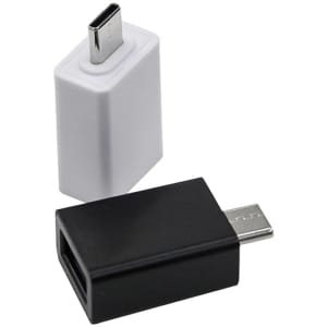 A white and black adapter for connecting Type-C to Type-A USB devices, featuring a logo.
