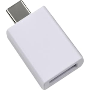 A white USB adapter with a Type-C connector on one end and a Type-A port on the other end.