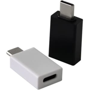 A black and a white Type-C adapter, designed for connecting devices. Both have a rectangular shape with rounded edges.