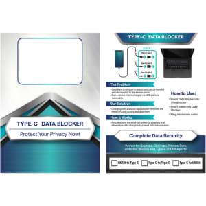 A promotional leaflet featuring a blue and silver design for the Bern Data Blocker (Type-C to Type-C), includes illustrations and logos.