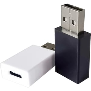 A Type-A to Type-C data blocker with a white and black design, featuring a USB connector.