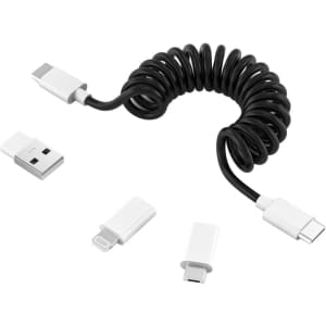A coiled black charging cable kit with white connectors for various devices, including USB, Lightning, and micro USB.