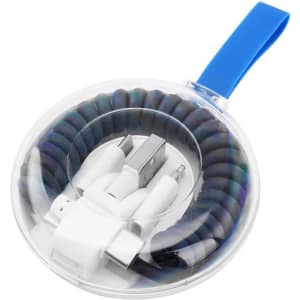 A Type-C charge cable kit in a circular case with a blue handle, featuring a spiral design in multiple colours.