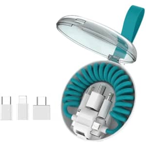 A teal charging cable kit in a clear case, featuring multiple USB Type-C connectors and adapters.