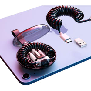 A coiled black Type-C charge cable kit in a round case, with a USB connector and a charging end.