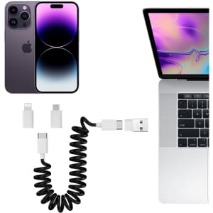 A coiled black charging cable kit with USB, Type-C, and Lightning connectors, alongside a smartphone and a laptop.