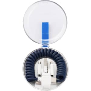 A coiled navy charging cable is housed in a transparent circular case with a blue strap.