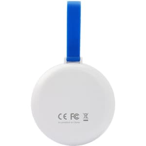 A round white charging cable kit with a blue handle, featuring a logo on the back.