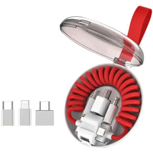 A red charging cable coiled inside a transparent case, accompanied by three white Type-C adapters.
