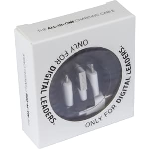 A white charging cable kit packaged in a box, featuring multiple connectors and a logo on the front.