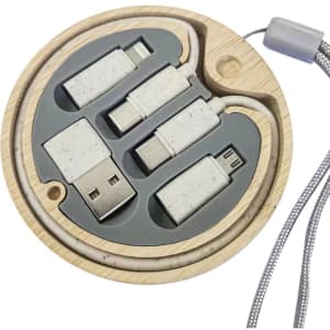 A circular wooden kit containing four eco-friendly charging cables in grey and white. It has an embedded logo.