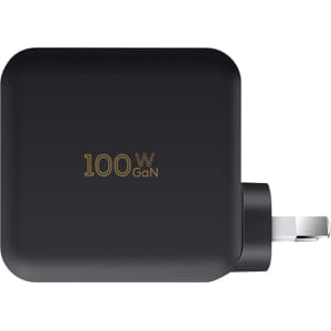 A black 100 Watt GaN quick charger with a single plug and a small branding logo.