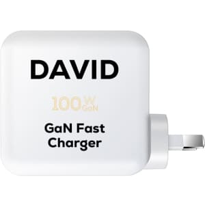 A white 100 watt GaN quick charger with a plug, featuring a logo and text design.