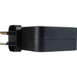 A black 100 Watt GaN quick charger with prongs for plugging into a power outlet. It features a simple design and has a logo.