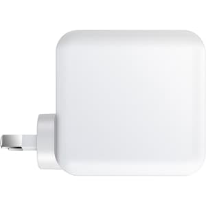 A white 100 Watt GaN quick charger with a pronged connector, featuring a simple, sleek design and a branding logo.