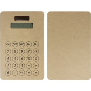A brown eco-friendly solar calculator with a digital display and a numeric keypad. It has a minimalist design.