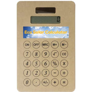 A brown, eco-friendly solar calculator with a digital display and a variety of buttons, featuring a logo.