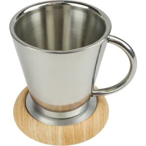 A stainless steel cup with a wooden base, designed as a USB cup warmer for beverages.