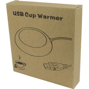 A brown cardboard box containing a USB cup warmer. The box features an illustration of a cup and a USB cable.