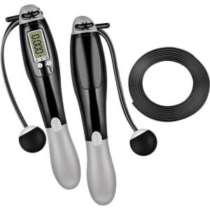 Digital skipping rope in black and silver with a flexible cord and built-in display for tracking.