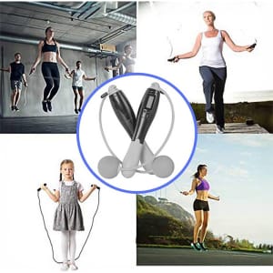 A skipping rope with a black and white design, surrounded by images of people using skipping ropes in various settings.
