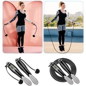 A digital skipping rope set in black and silver, accompanied by images of a woman using it against vibrant backgrounds.