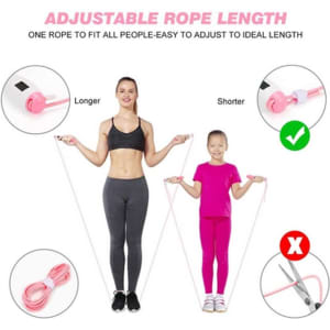 A digital skipping rope in pink with adjustable length, featuring a logo, held by an adult and a child.
