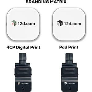A square branding matrix featuring two designs on a white background with black clips below.