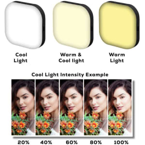 A compact, square LED selfie light featuring cool and warm light options, available in black with different lighting intensities displayed.
