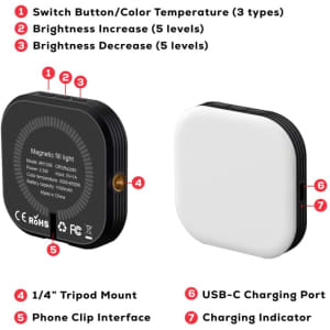 A magnetic LED selfie light in black and white, featuring adjustable brightness and multiple connection options.