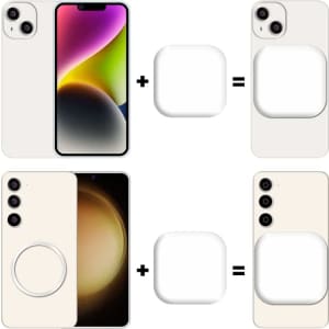 A promotional image featuring mobile phones in white, showing a magnetic LED selfie light concept with its shape and design.
