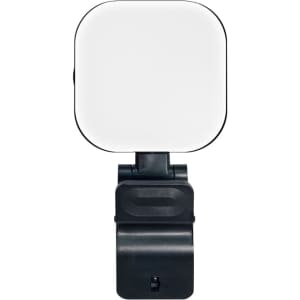 A square, white LED selfie light mounted on a black clip, featuring a minimalistic design.