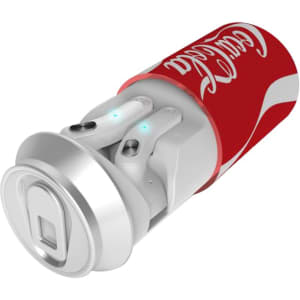A red drink can with white details containing Cannery TWS earbuds inside. The earbuds have small LED indicators.