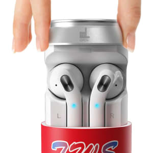 A pair of white Cannery TWS Earbuds housed within a red and silver drink can-shaped case.