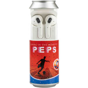 A white drink can design featuring TWS earbuds secured inside, with a colourful label and branding.